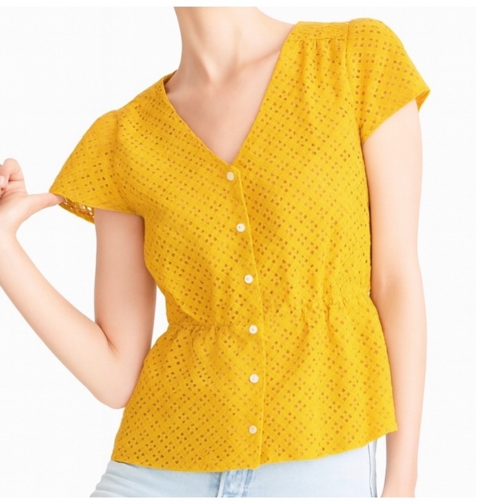 J.Crew Mustard Yellow Eyelet Peplum Button Front Top Size 0 Cotton Cap Sleeve